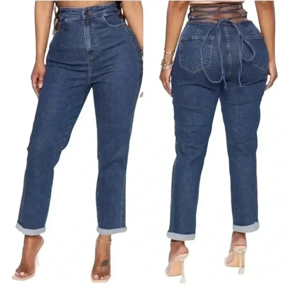 Fashion Nova Tie Em Up High Rise Boyfriend Denim Jeans Lace Up Back Plus Size 15 - Picture 12 of 16